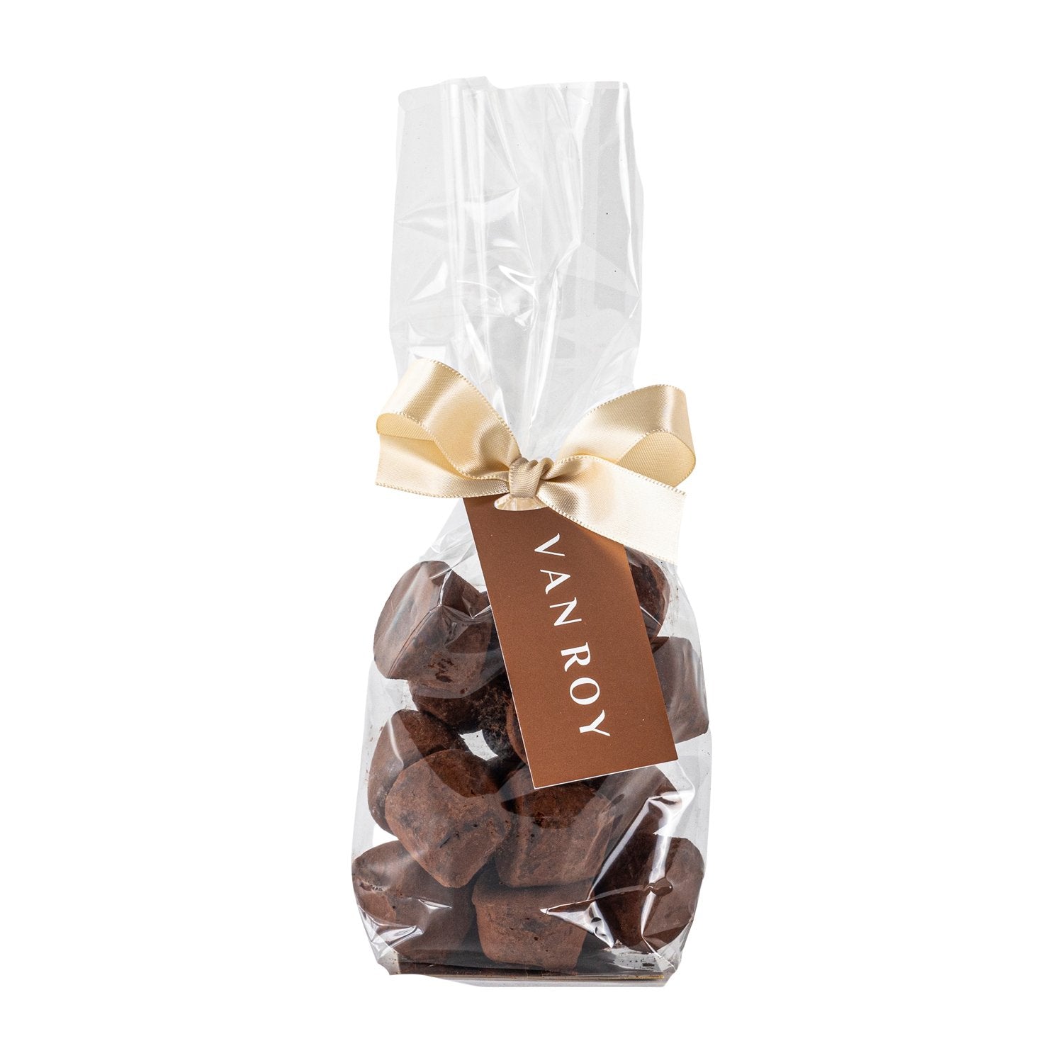Cocoa dusted salted caramel truffles in gift bag with ribbon