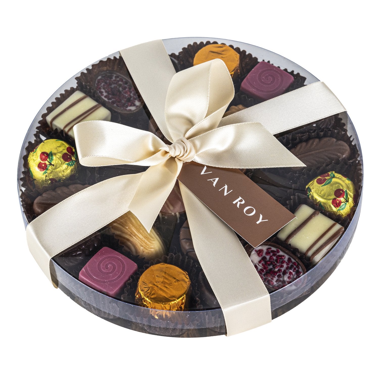 Assorted Belgian chocolates in 18cm clear round with ribbon 300g