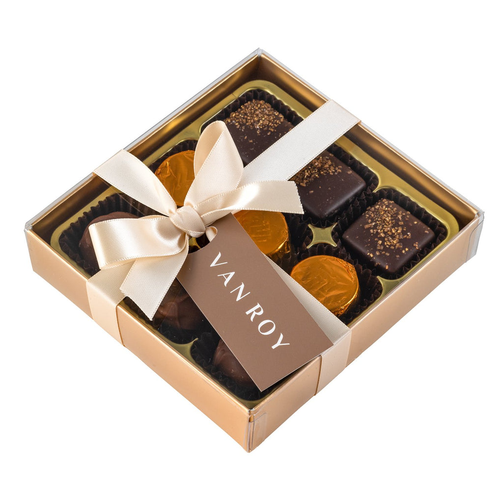 9 salted caramels in gold gift box with clear lid & ribbon